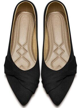 Women's Black Rubber Suede Elegant Bow Knot Pointed Toe Flat Comfortable Shoes